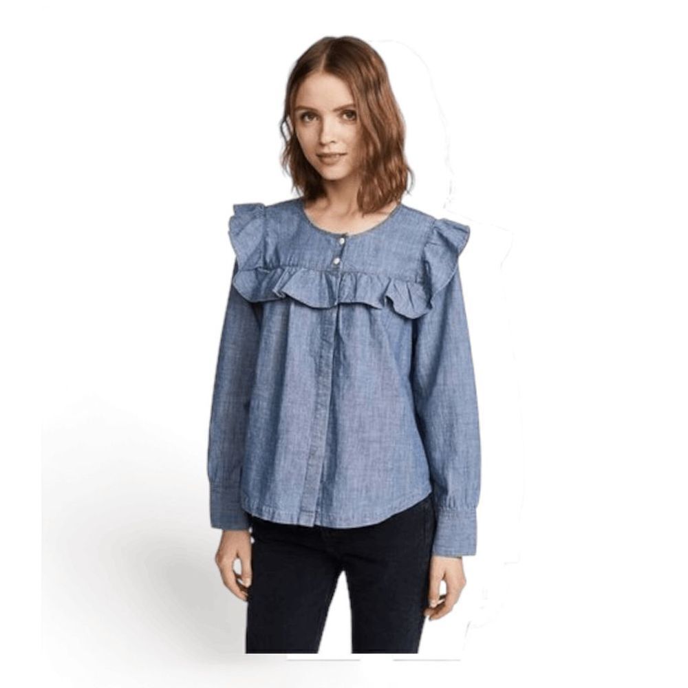 ‎Madewell Chambray Denim Ruffled Yoke Top